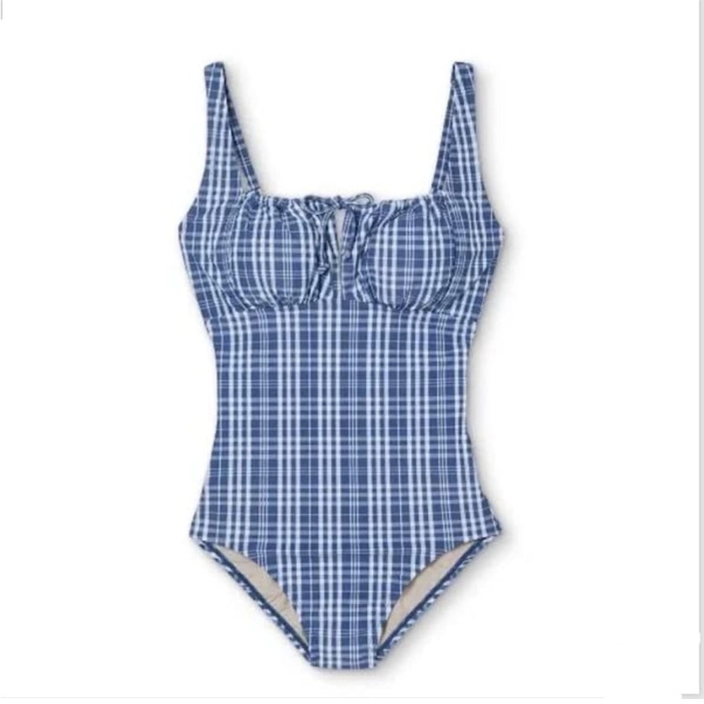 Kona Sol Women's Tunnel High Coverage One Piece
Swimsuit Blue Check Plaid L. NWT